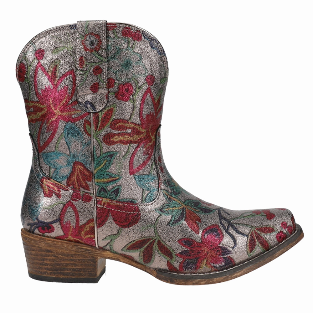 Ingrid Metallic Silver Floral Snip Toe Cowboy Booties Denim Touch
