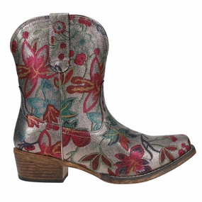 Ingrid Metallic Silver Floral Snip Toe Cowboy Booties Denim Touch