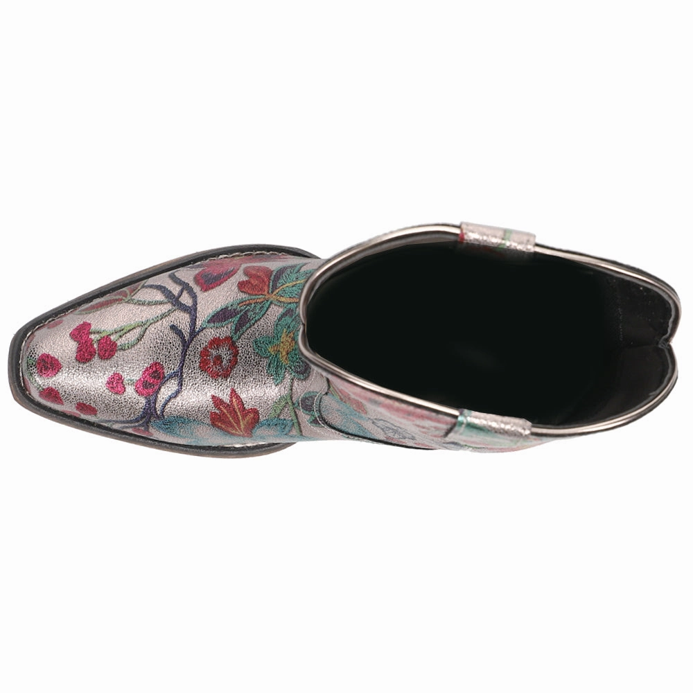 Ingrid Metallic Silver Floral Snip Toe Cowboy Booties Thermal Insulation