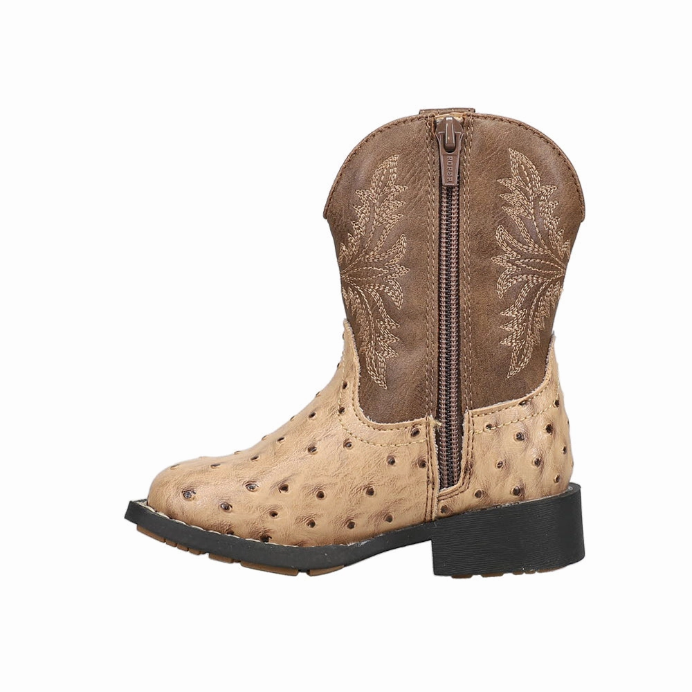 Premium Leather Upgrade Jed Faux Ostrich Print Embroidered Square Toe Cowboy Boots (Toddler)