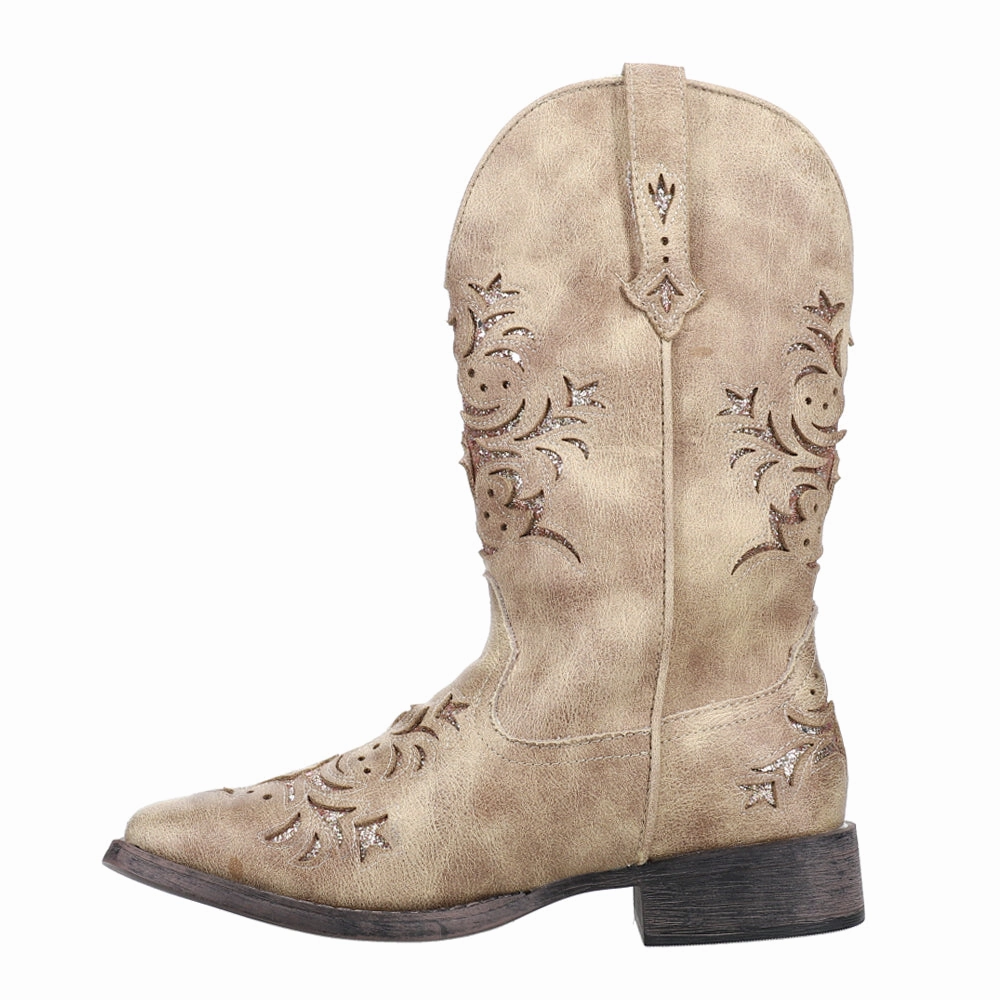 Skin Hug Elastic Cuff Kennedy Glitter Tooled Inlay Square Toe Cowboy Boots