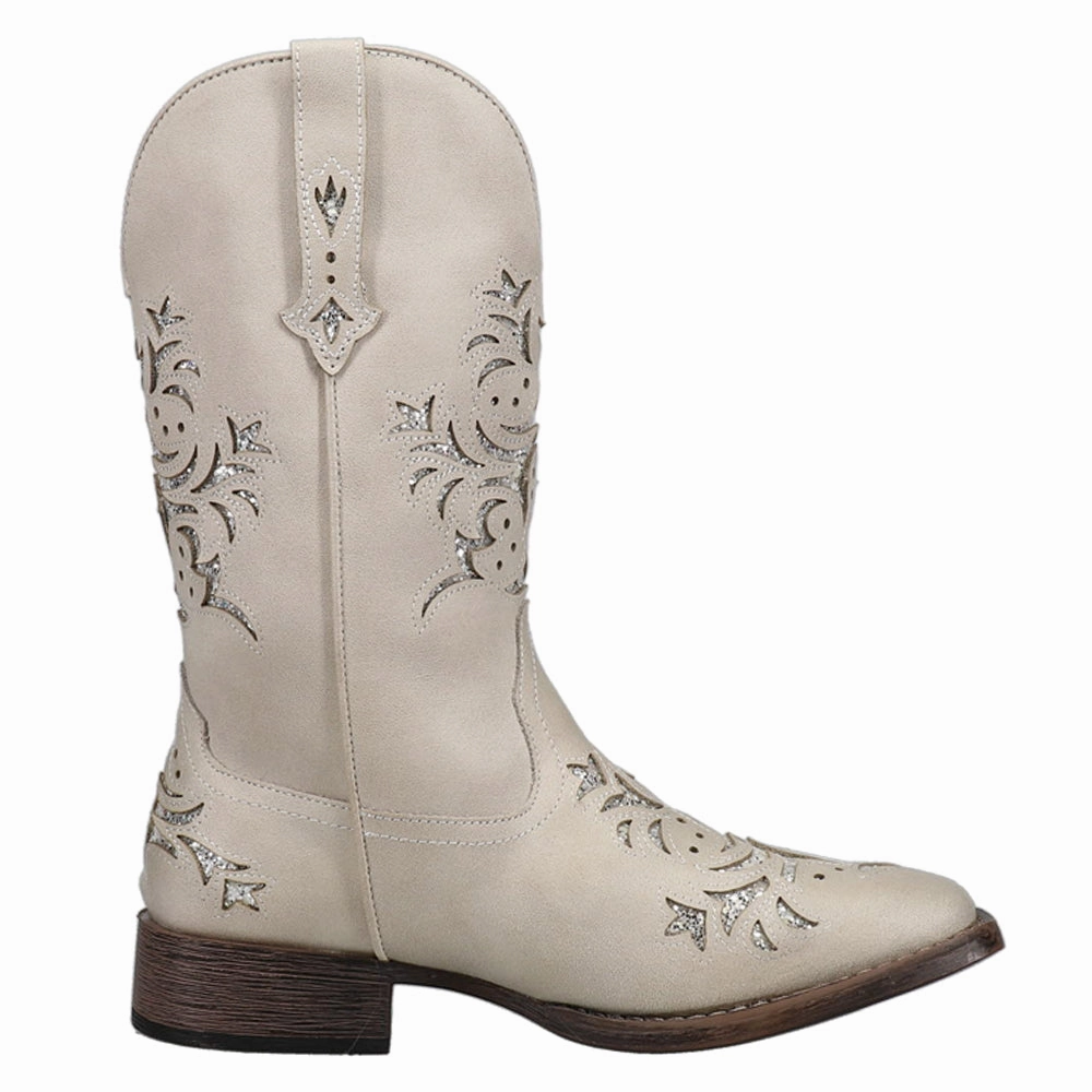 Kennedy Tooled-Inlay Glitter Square Toe Pull On Cowboy Boots Fashion Statement