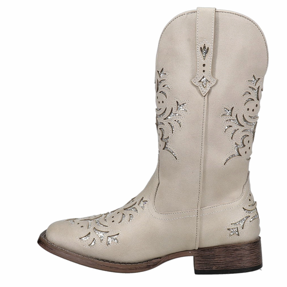 Kennedy Tooled-Inlay Glitter Square Toe Pull On Cowboy Boots Water-resistant