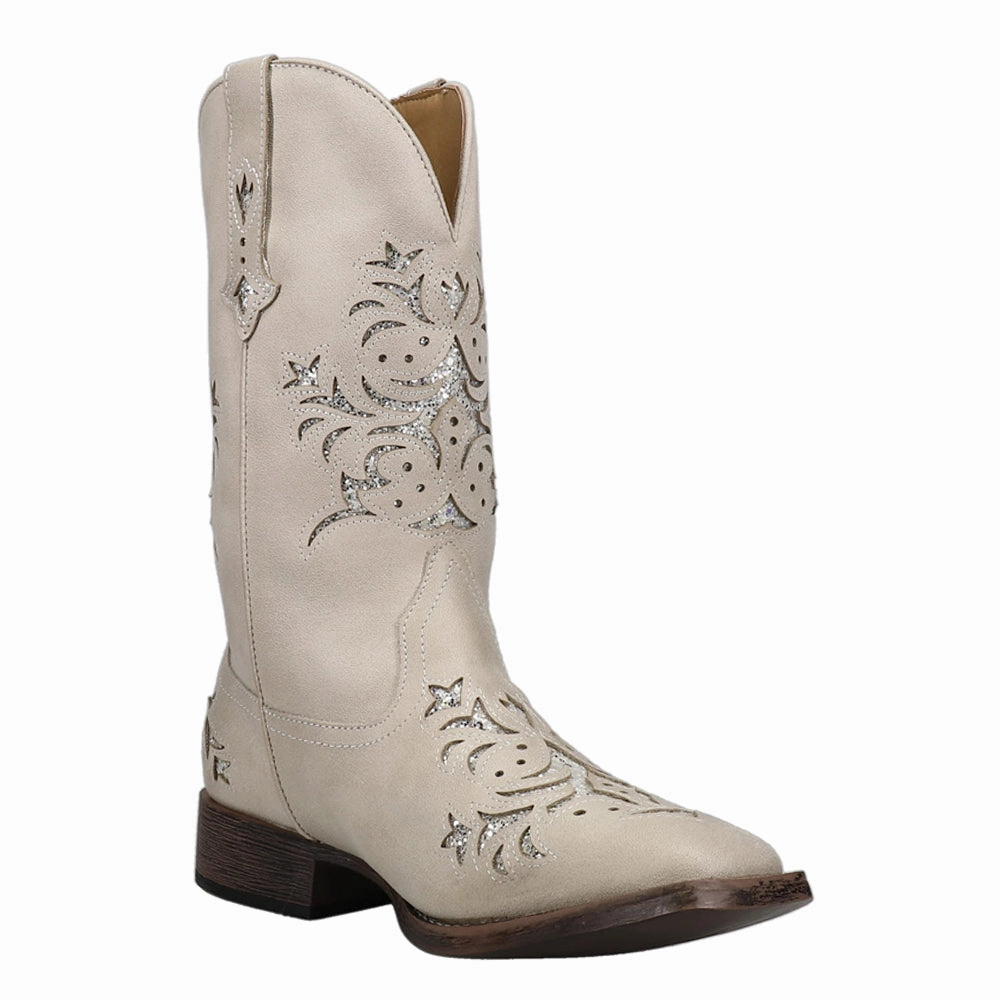 Padded Interior Hiking Trails Anti-bacterial Kennedy Tooled-Inlay Glitter Square Toe Pull On Cowboy Boots
