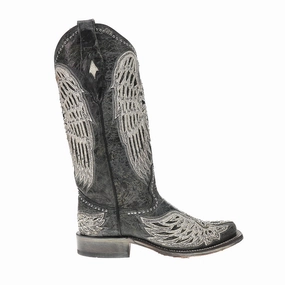 White Cross And Wings Overlay And Studs Worn Finish Black Square Toe Cowboy Boots Asymmetric Lacing System Textile Lining