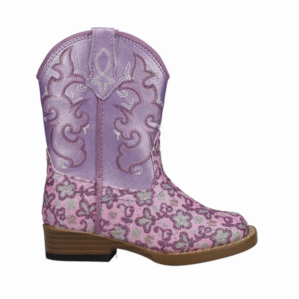 Rainy Day Clean Form Lavender Glitter Floral Square Toe Cowboy Boots (Toddler)