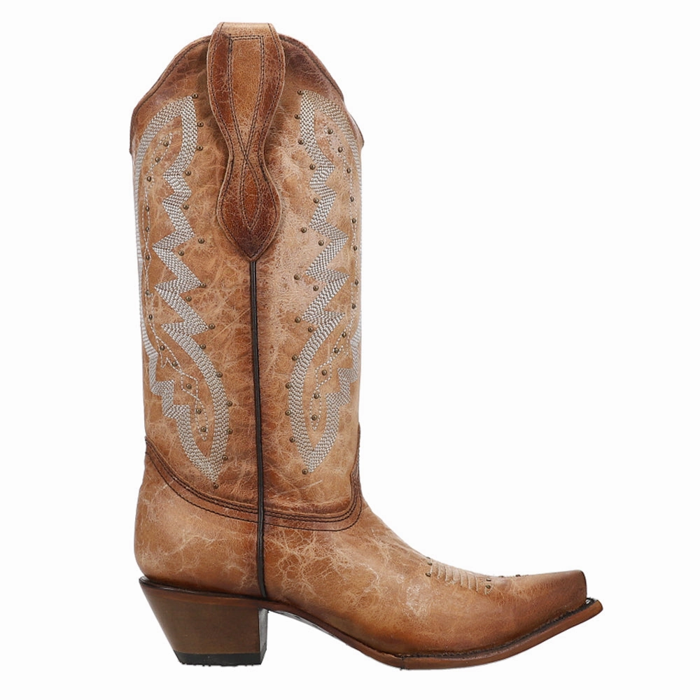 Seamless Comfort Windy Weather LD Brown Embroidered Studded Snip Toe Cowboy Boots
