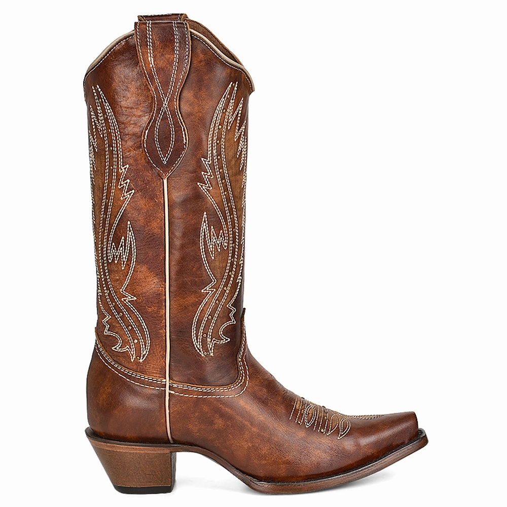 Durable Leather LD Tan Embroidered Studded Snip Toe Cowboy Boots
