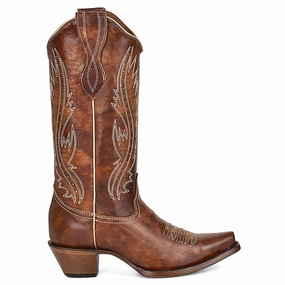 Durable Leather LD Tan Embroidered Studded Snip Toe Cowboy Boots