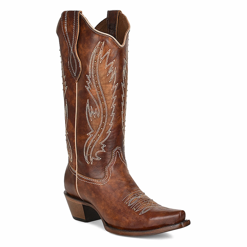 Textile Lining LD Tan Embroidered Studded Snip Toe Cowboy Boots