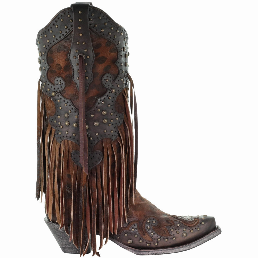 Leopard Print Fringe Snip Toe Cowboy Boots Stable Support Remote Hiking Shock Absorbing Outdoor Trek