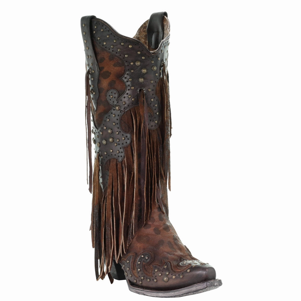 Stain Resistant Travel Friendly Leopard Print Fringe Snip Toe Cowboy Boots