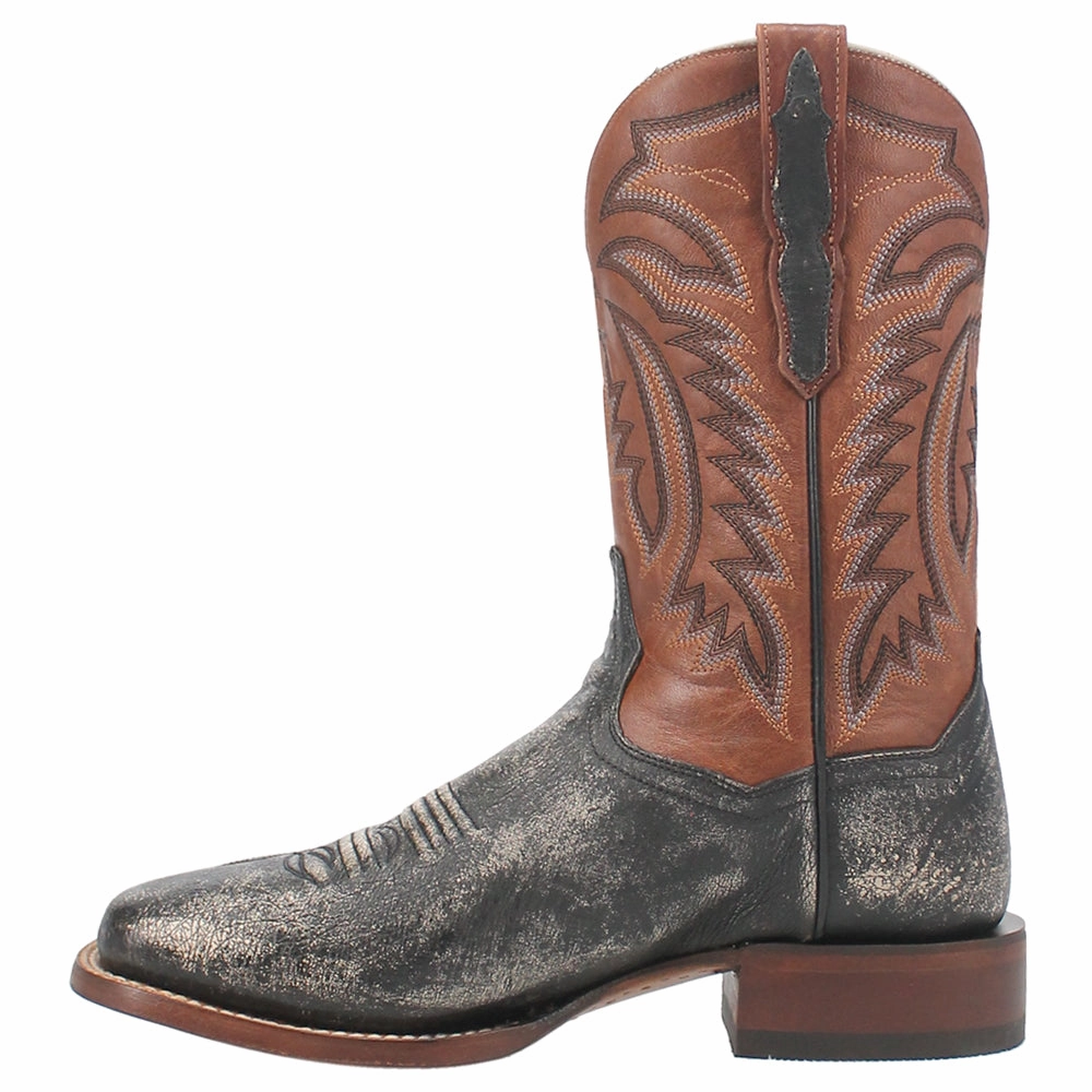 Lester Smooth Ostrich Embroidered Square Toe Pull On Cowboy Boots perforated upper Elevated arch