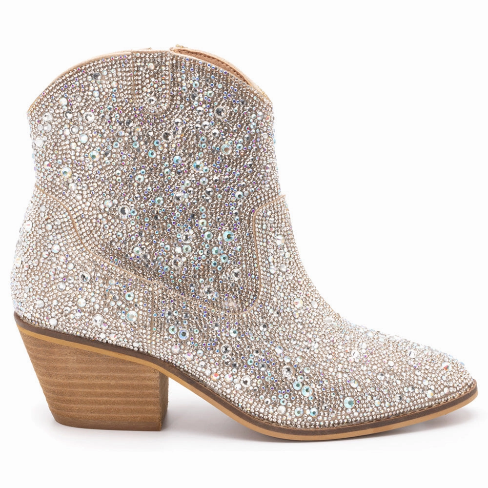 Shine Bright Rhinestone Round Toe Pull On Booties Hydrophobic Upper