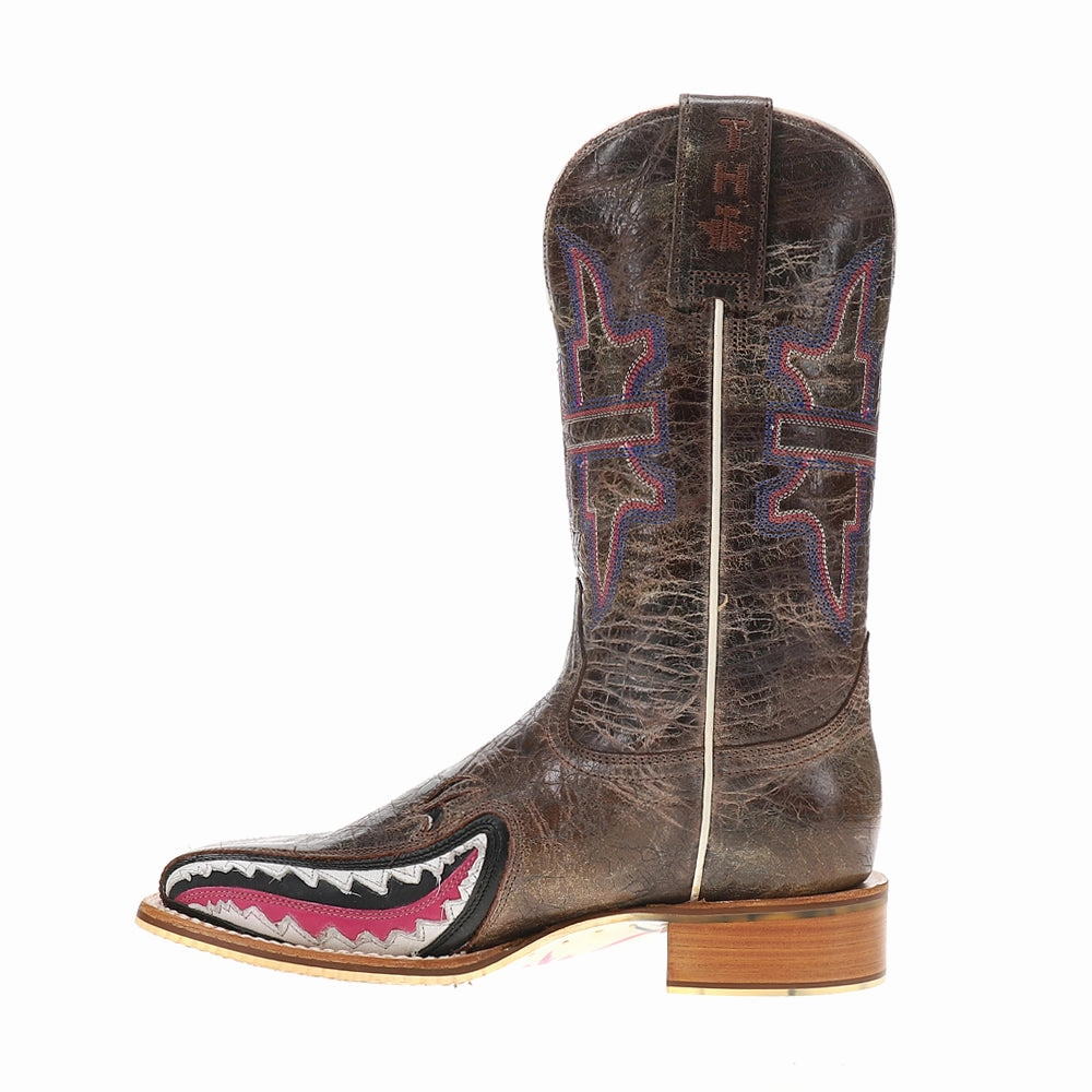 Gnarly Pink Embroidered Shark Square Toe Cowboy Boots Ergonomic Toe Box
