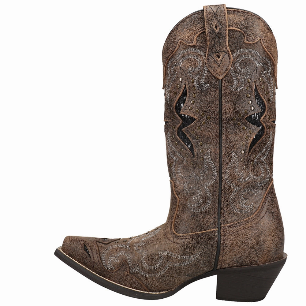 Lucretia Tooled-Inlay Embroidery Studded Snip Toe Cowboy Boots Stable Support Nature Lover zipper