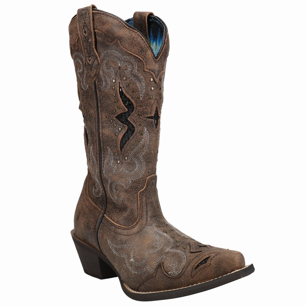 Lucretia Tooled-Inlay Embroidery Studded Snip Toe Cowboy Boots Feather Light Remote Hiking Thermal Core Snow Trekker