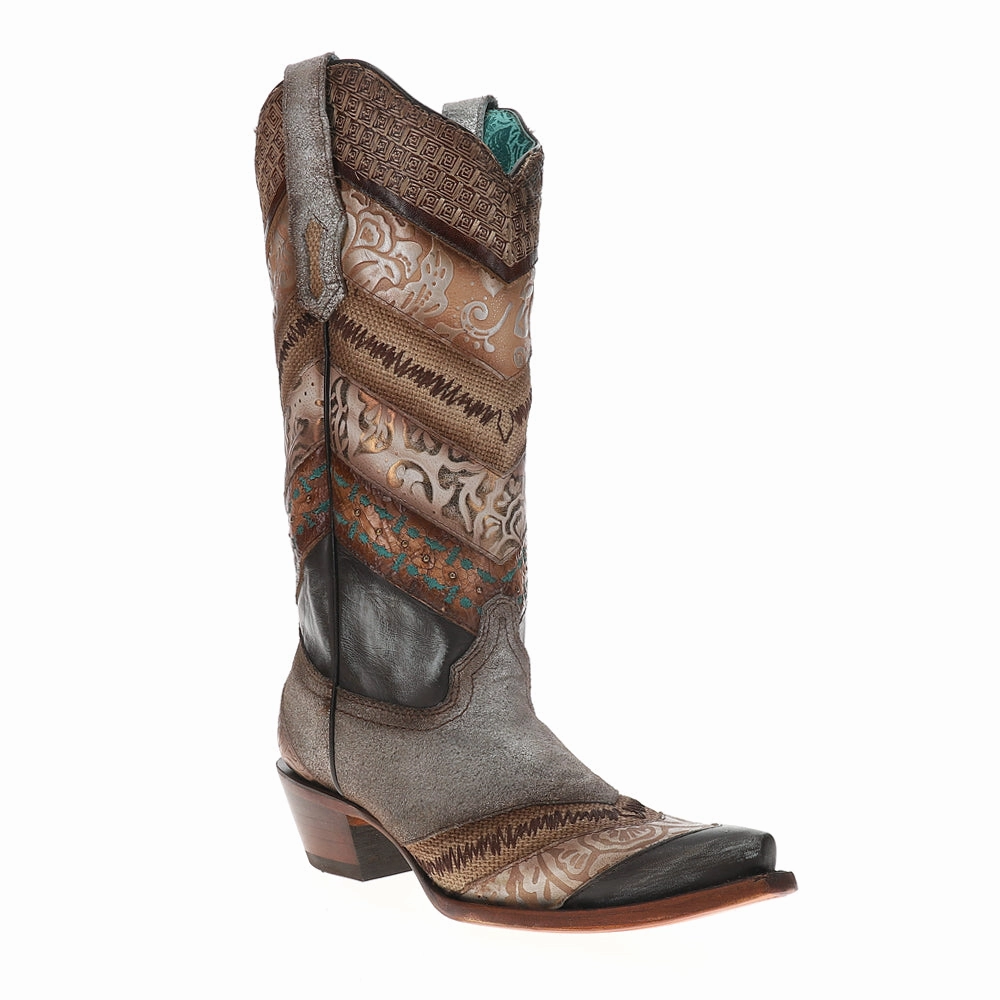 All Day Wear Sky Blue Application Jute Embroidered Studded Snip Toe Pull On Cowboy Boots