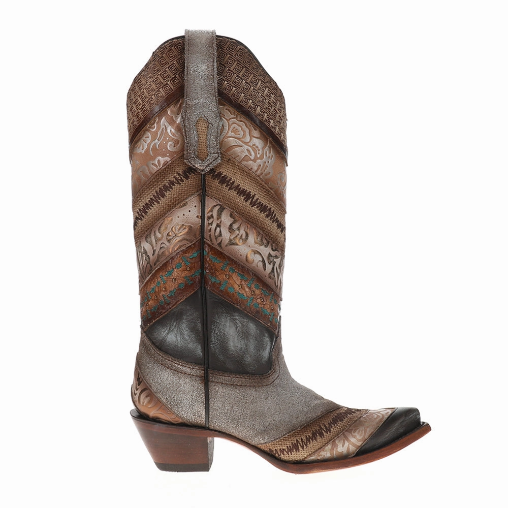 Perfect Fit Slip On Style Sky Blue Application Jute Embroidered Studded Snip Toe Pull On Cowboy Boots