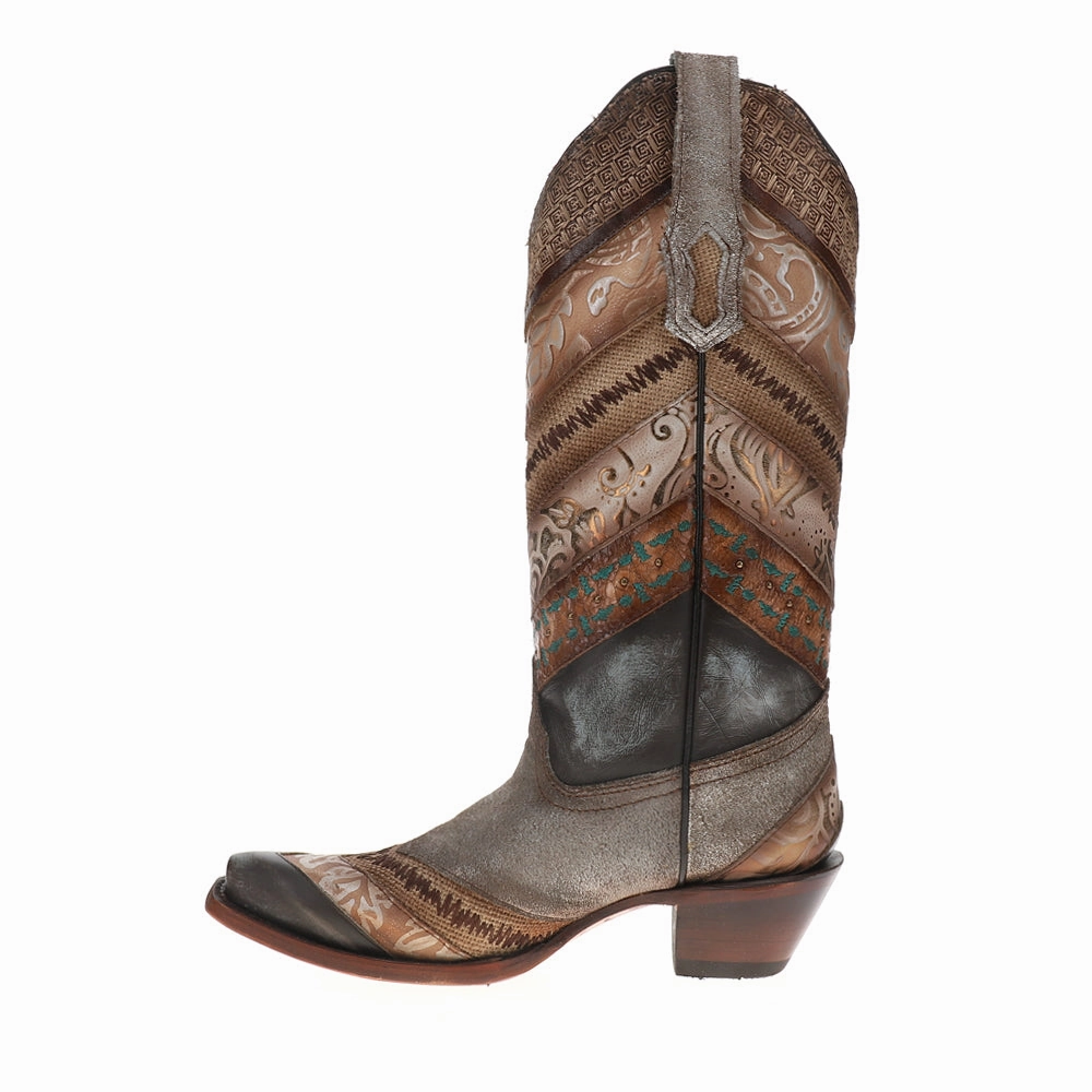 Sky Blue Application Jute Embroidered Studded Snip Toe Pull On Cowboy Boots Stable Support Cold Climate