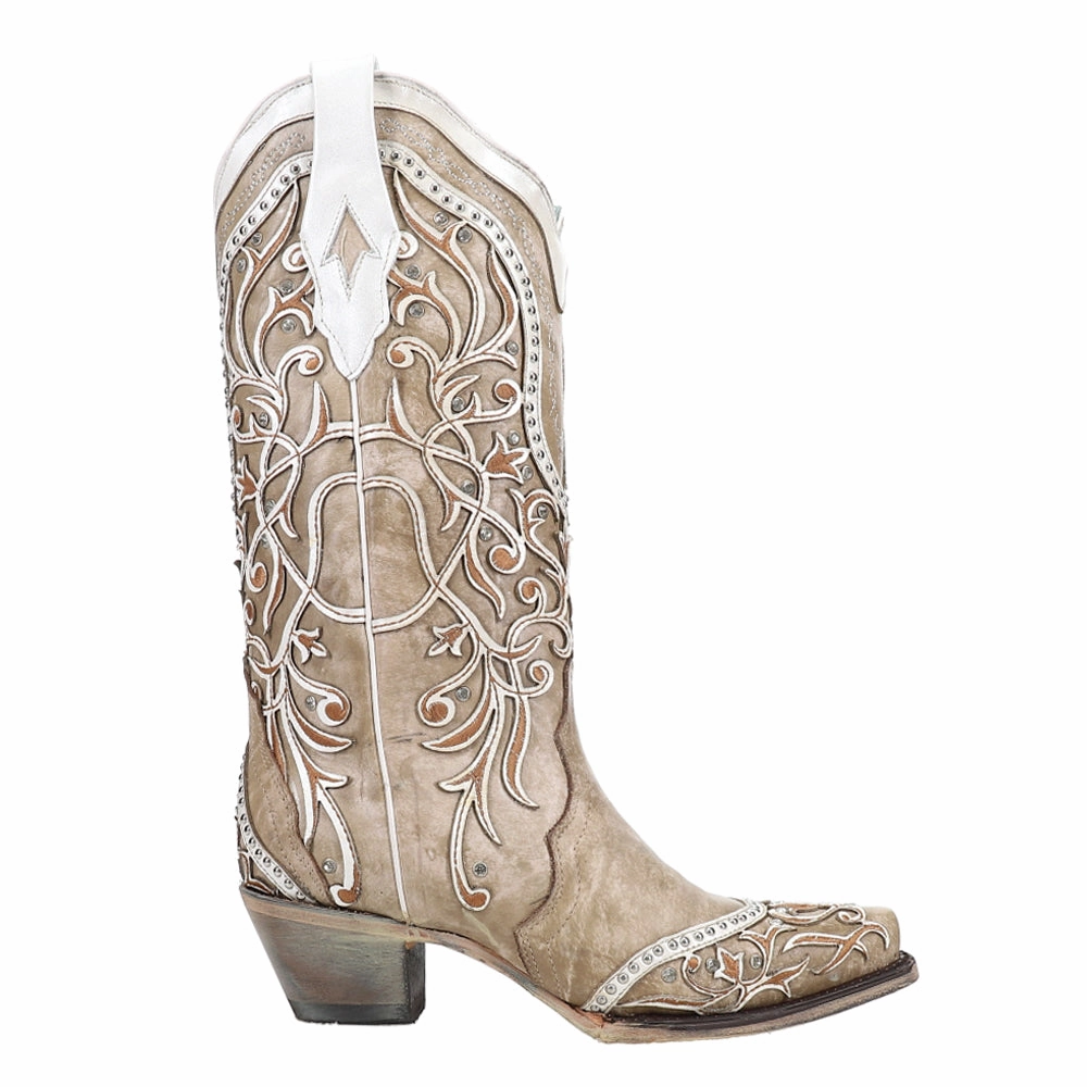 Anti Skid High   Quality Studded Tooled Inlay Snip Toe Cowboy Boots