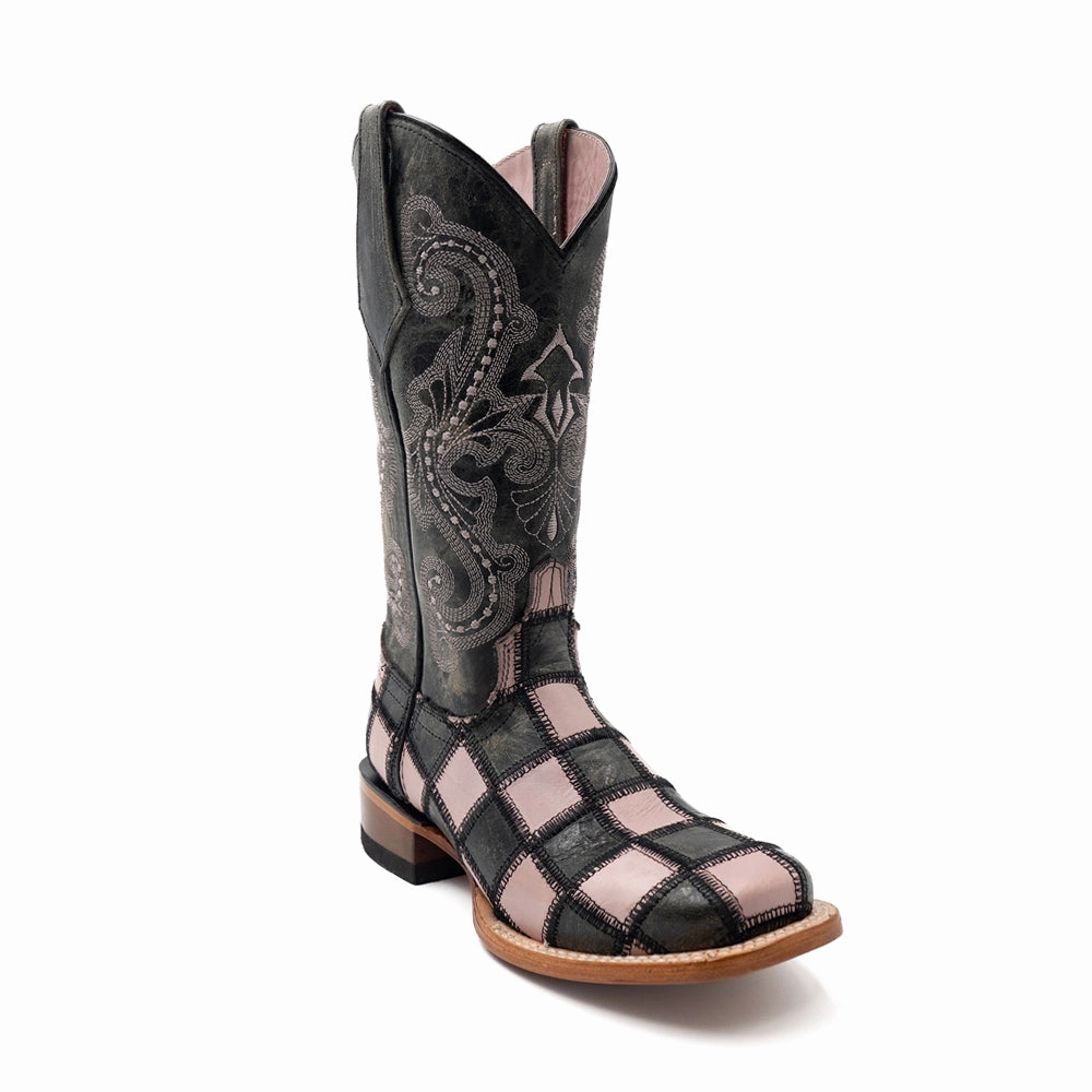 Patchwork Square Toe Pull On Cowboy Boots Responsive Midsole Slip Resistant Night Travel