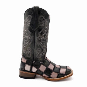 Patchwork Square Toe Pull On Cowboy Boots Supportive High Traction All Day Worker