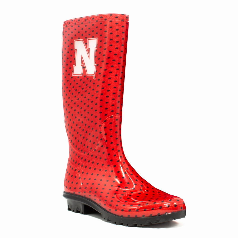 University of Nebraska Polka Dot Round Toe Rain Boots Feather Light Rough Trail Hiker