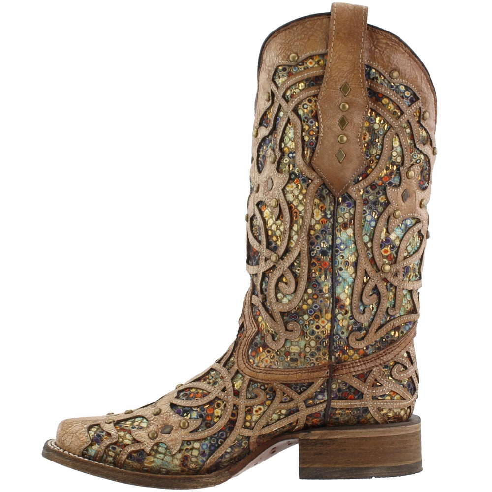 Tooled Inlay Studded Sequins Square Toe Cowboy Boots Sturdy
