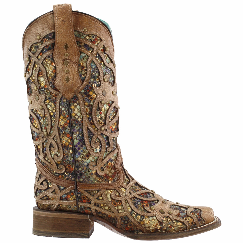 Wide toe box Tooled Inlay Studded Sequins Square Toe Cowboy Boots