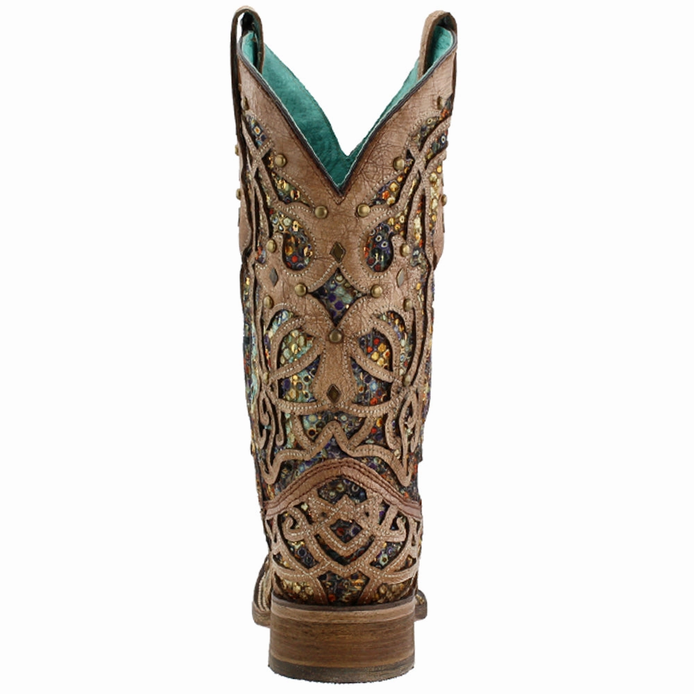 Tooled Inlay Studded Sequins Square Toe Cowboy Boots Practical Build