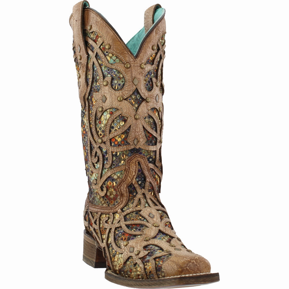 Tooled Inlay Studded Sequins Square Toe Cowboy Boots Orthotic Compatible