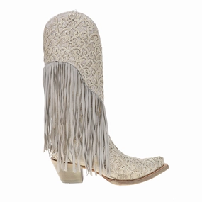 Overlay Embroidery Lamb Fringe White Snip Toe Cowboy Boots Stable Support Snow Trekker