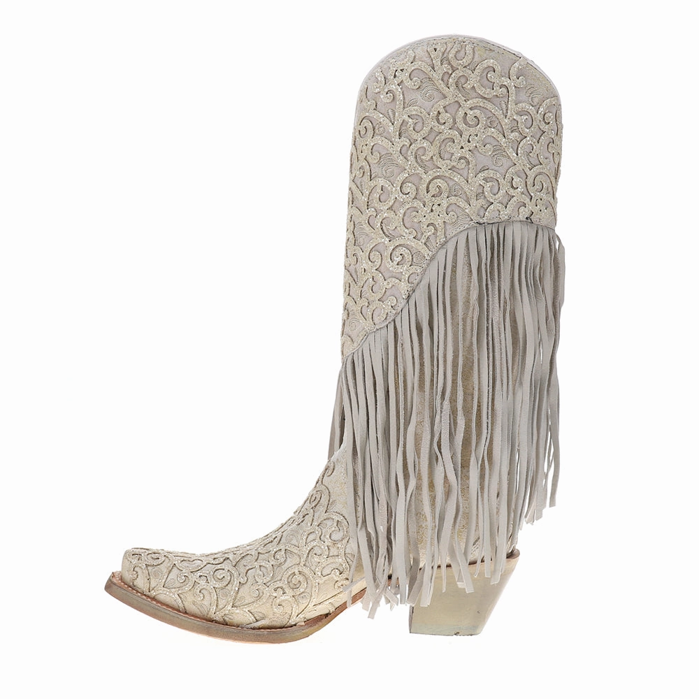 Anti fungal Overlay Embroidery Lamb Fringe White Snip Toe Cowboy Boots