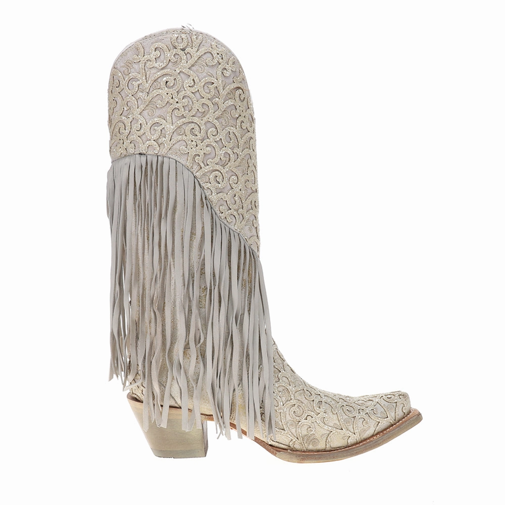 Overlay Embroidery Lamb Fringe White Snip Toe Cowboy Boots Stable Support Snow Trekker