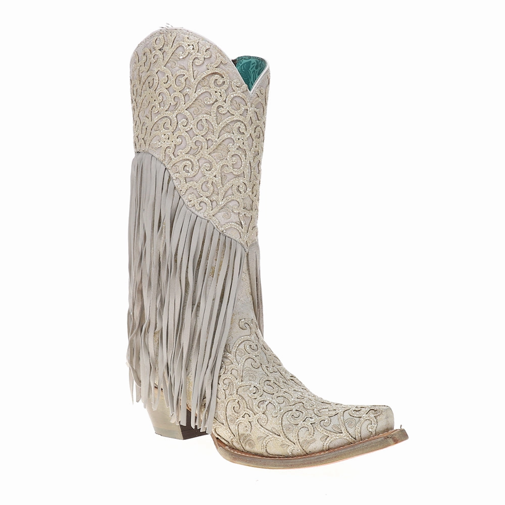 Shock Absorbing Cold Weather Commuter Noise Reducing Sole Overlay Embroidery Lamb Fringe White Snip Toe Cowboy Boots