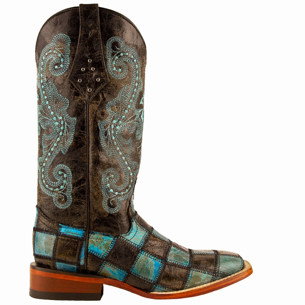 Patchwork Embroidered Square Toe Cowboy Boots Feather Light Rough Terrain Patterned Surface