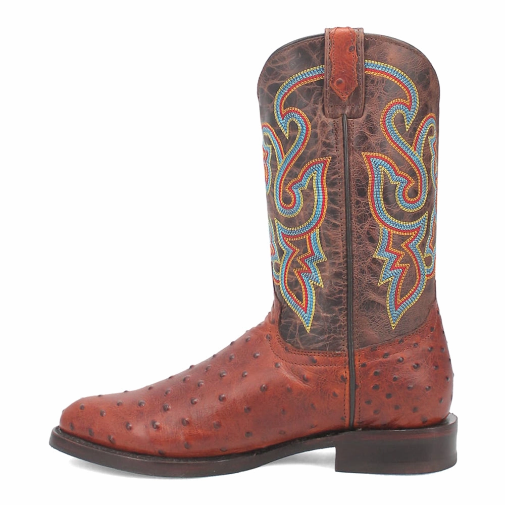 Slip Resistant Design Energy Return Midsole Ranger Leather Embroidered Ostrich Print Round Toe Cowboy Boots
