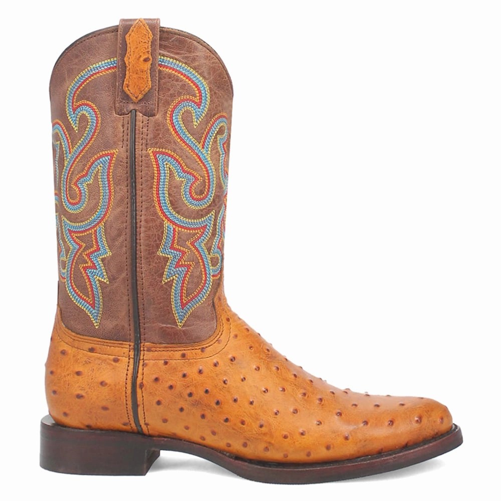 Cushioning Layer Ranger Leather Embroidered Ostrich Print Round Toe Cowboy Boots