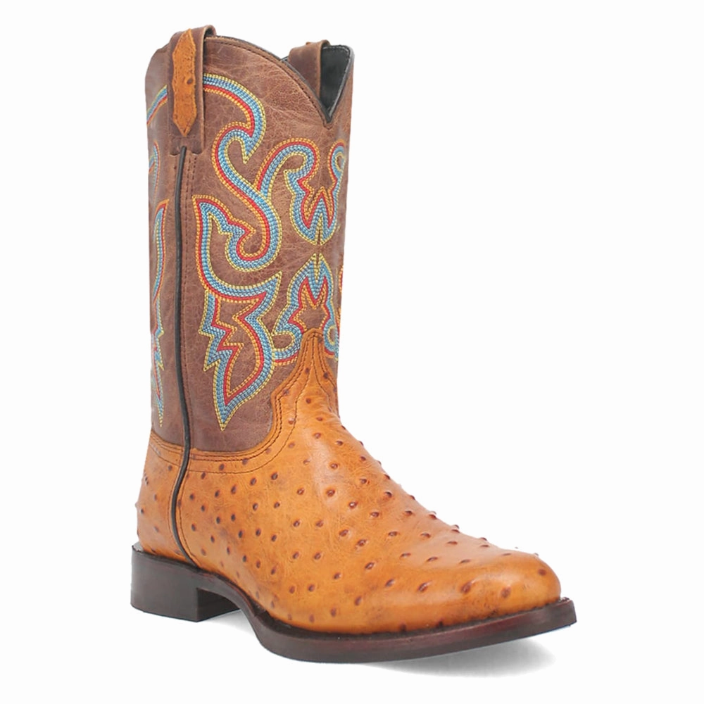Ranger Leather Embroidered Ostrich Print Round Toe Cowboy Boots Pressure Zoned Insole