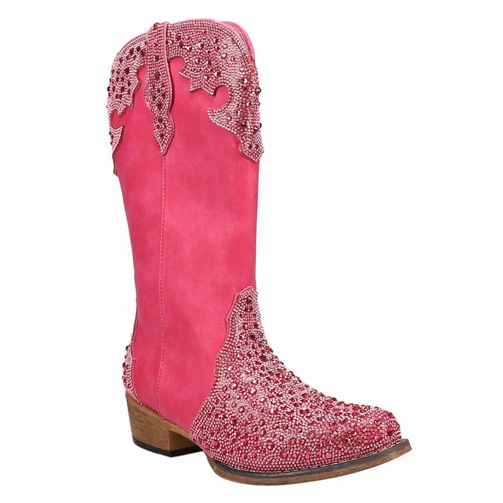 Riley Jewells Rhinestone Overlay Snip Toe Cowboy Boots Protective Finish Morning Walk