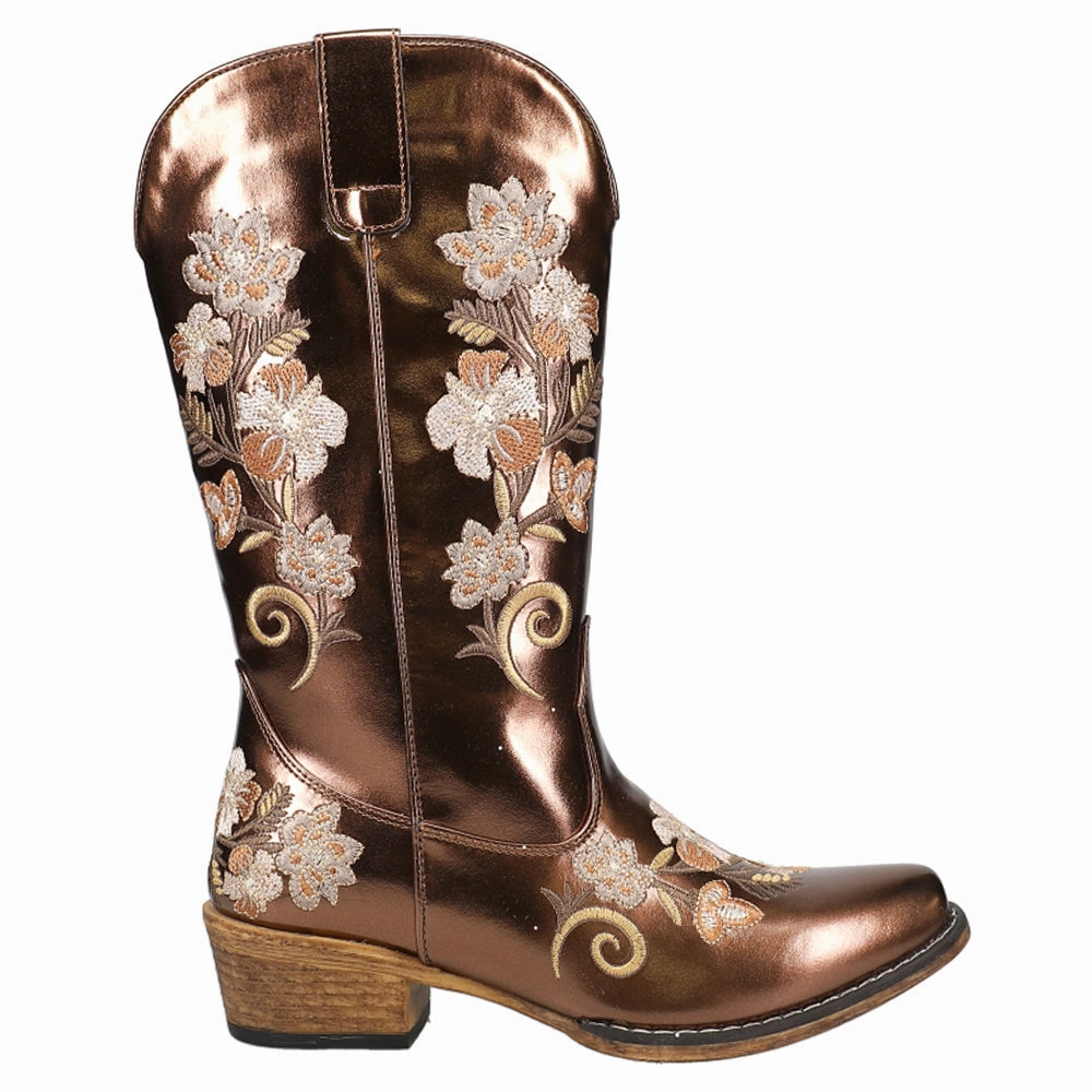 Riley Metallic Floral Embroidered Snip Toe Cowboy Boots Shock absorption tech Grippy Outsole Daily Walks