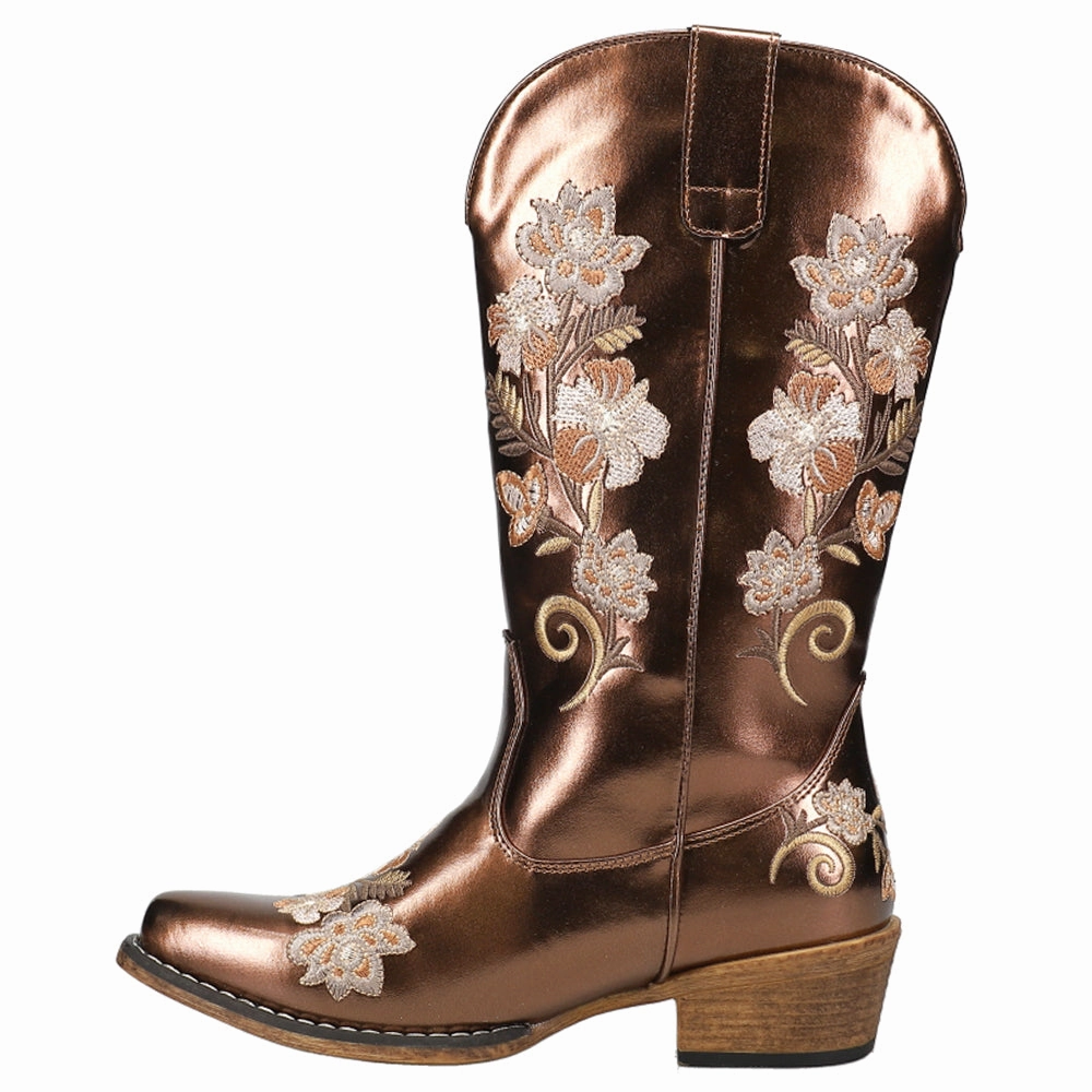 Riley Metallic Floral Embroidered Snip Toe Cowboy Boots Feather Light Mountain Climber Quick Slip