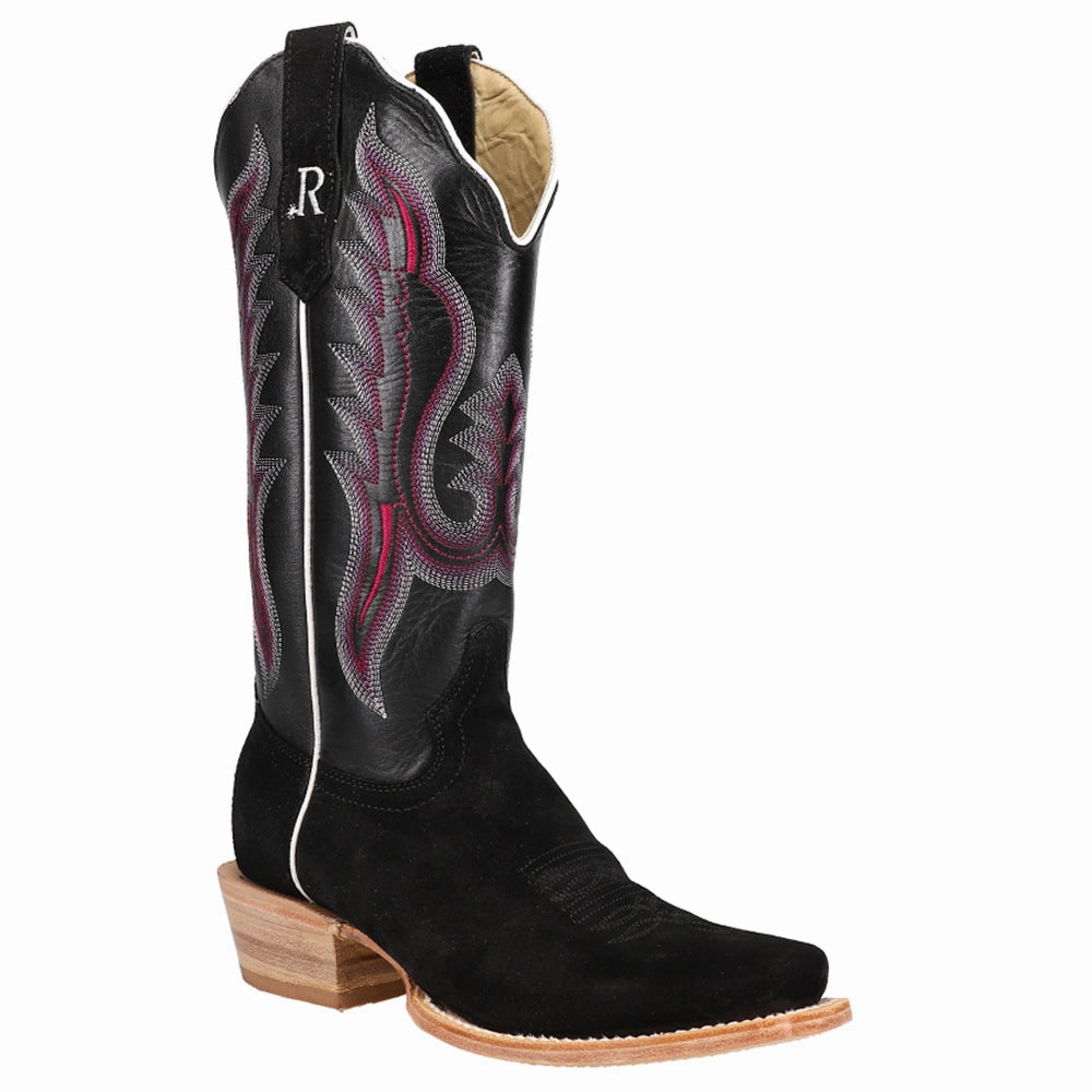 Rough Out Black Embroidered Square Toe Cowboy Boots Insulated Outdoor Trek Fashion Comfort