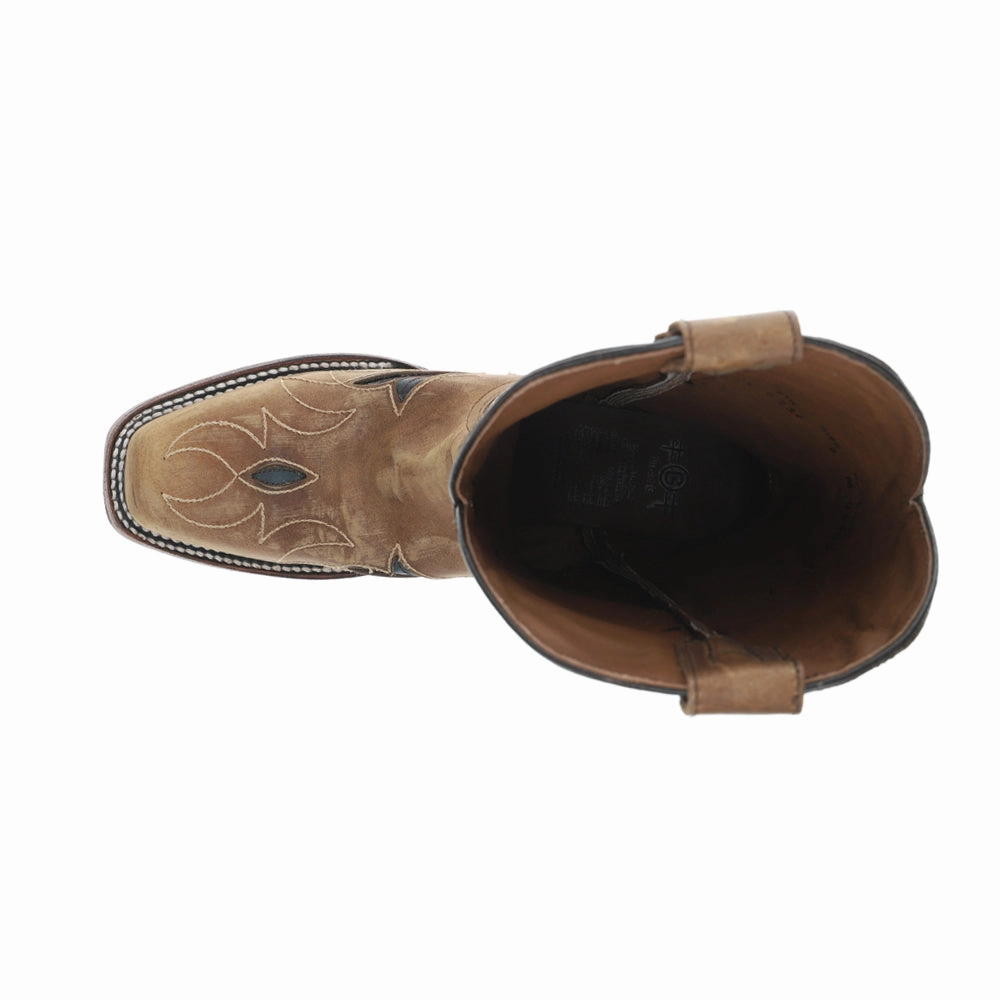 Sand Flower Inlay Embroidered Square Toe Pull On Cowboy Boots Low Profile Remote Hiking Reflective Safety Details