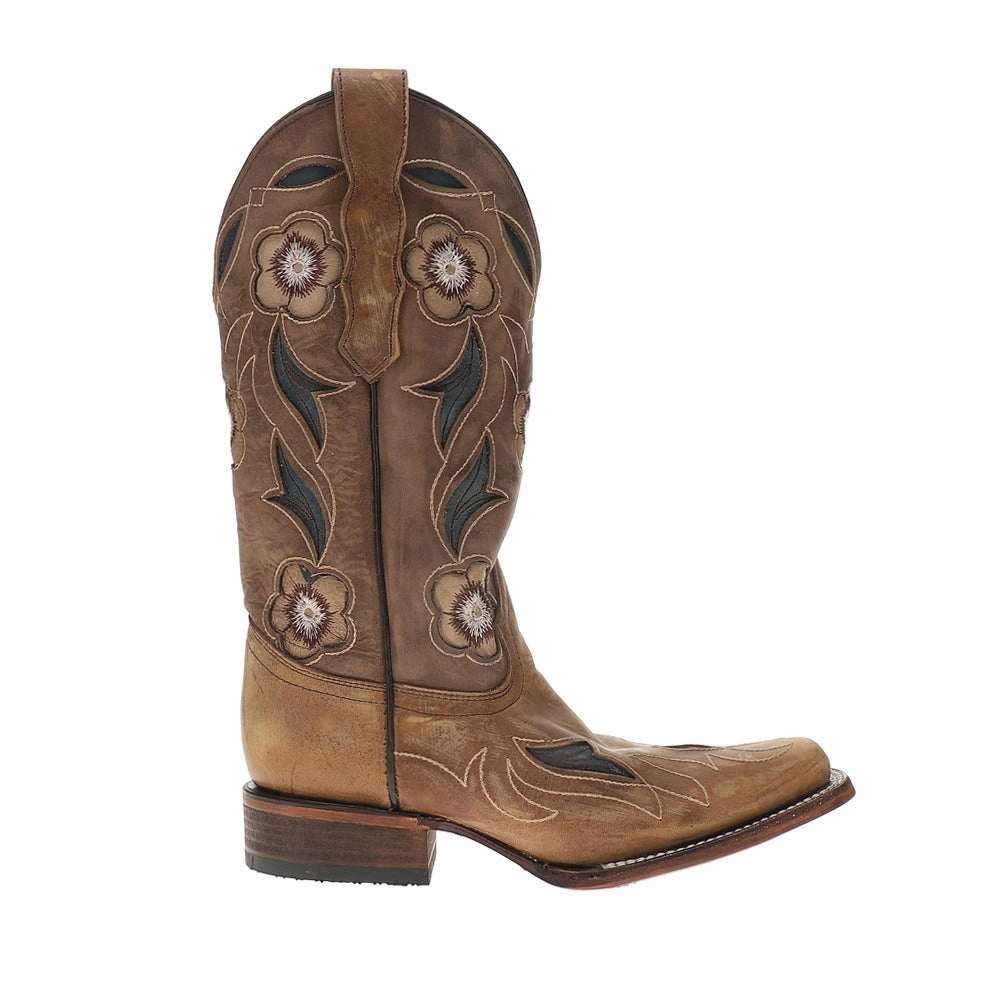 Eco Material Snow Trekker Anti-Skid Sand Flower Inlay Embroidered Square Toe Pull On Cowboy Boots