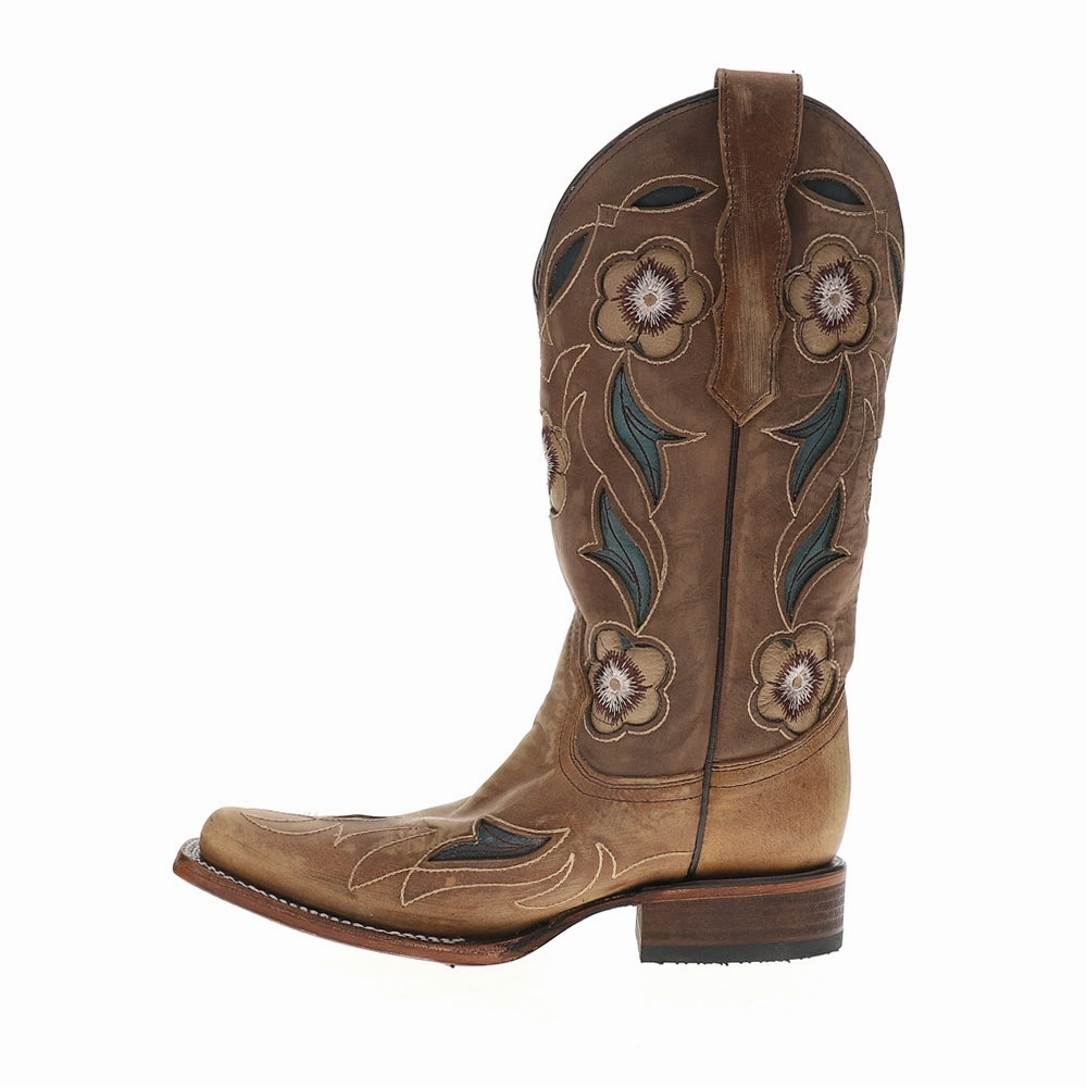 Sand Flower Inlay Embroidered Square Toe Pull On Cowboy Boots Shaft Height Options Eco Material Morning Walk