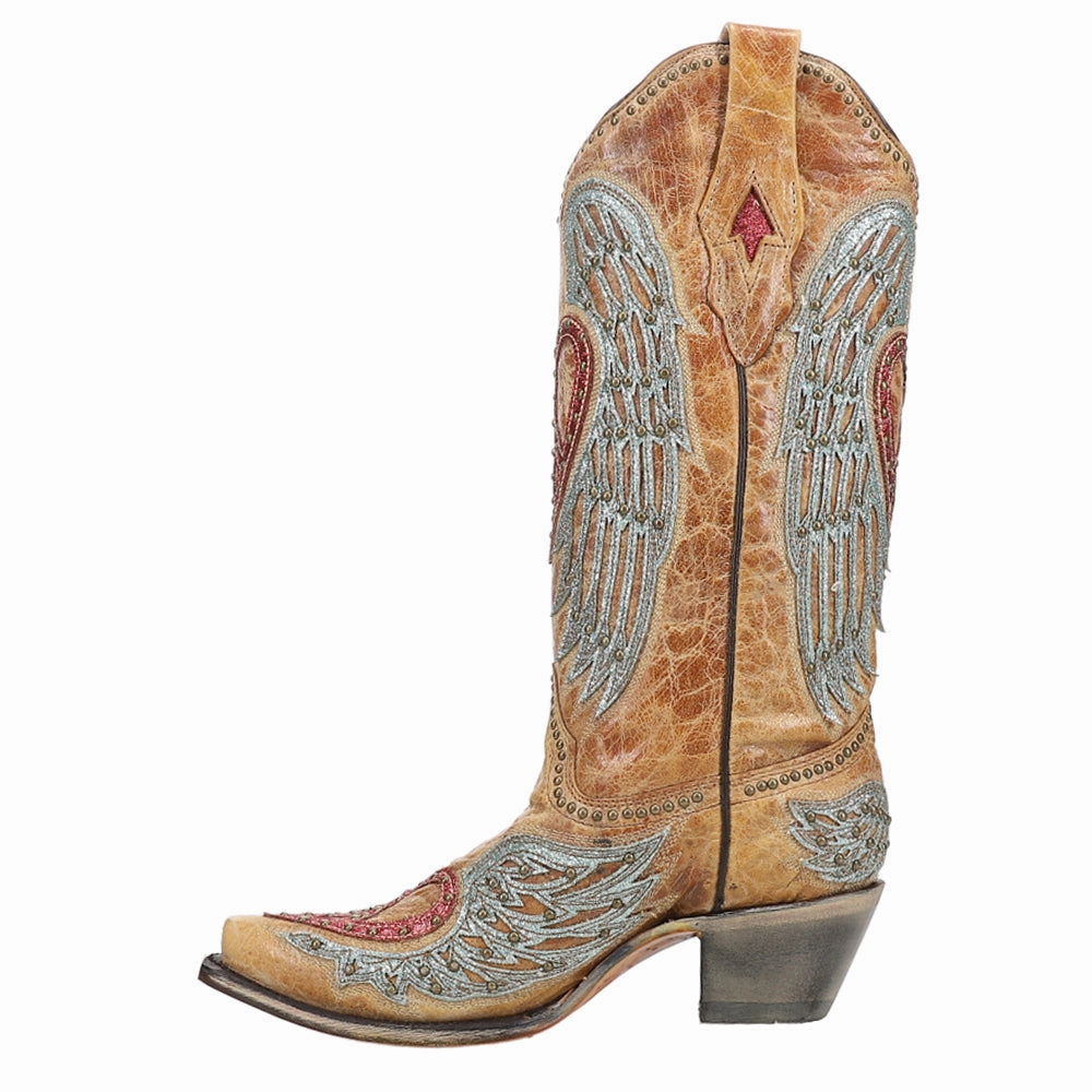 Mid Top Firm Hold Heart and Wings Embroidered Studded Snip Toe Cowboy Boots