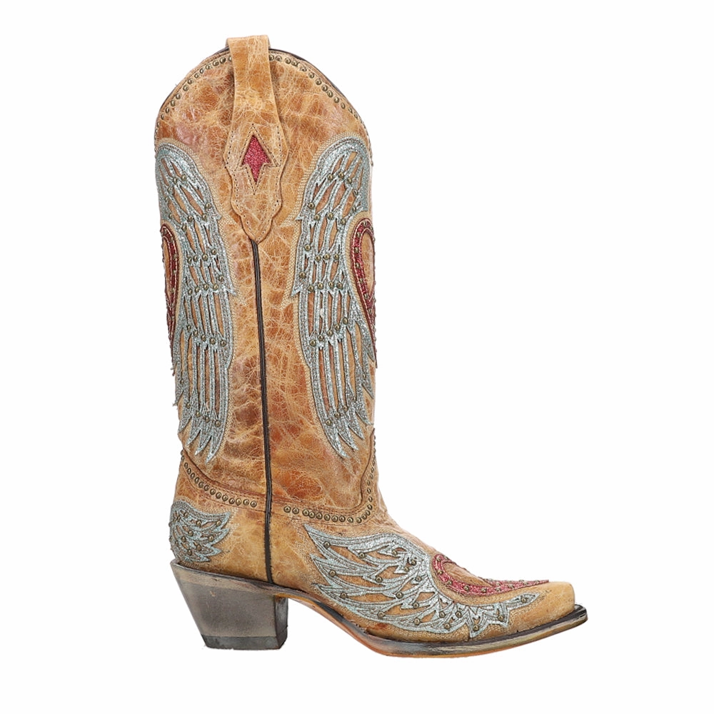 Heart and Wings Embroidered Studded Snip Toe Cowboy Boots Comfort Flex work mode
