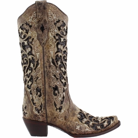 Seamless Style Sporty Design Sequin Tooled Inlay Snip Toe Pull On Cowboy Boots